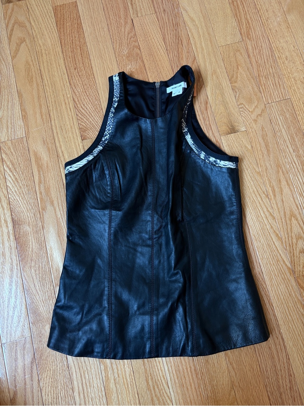 Helmut Lang Black Lamb Leather Tank Top blouse with Snakeskin Trim